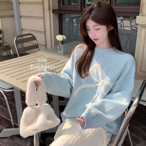 Lazy Weekend Bow Sweater Women's Autumn and Winter New Korean Round Neck Retro Loose Warm Top