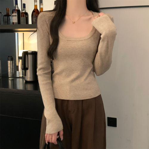 Actual shot of autumn and winter Korean style square collar versatile slim-fit Andy velvet temperament sweater bottoming long-sleeved sweater for women