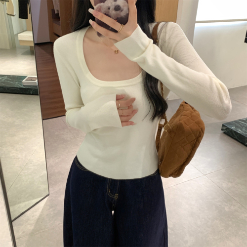 Actual shot of autumn and winter Korean style square collar versatile slim-fit Andy velvet temperament sweater bottoming long-sleeved sweater for women