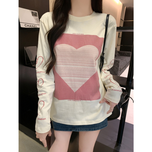 Real shot 210g pure cotton 100% cotton 2024 autumn long-sleeved T-shirt women's printed Hong Kong style top