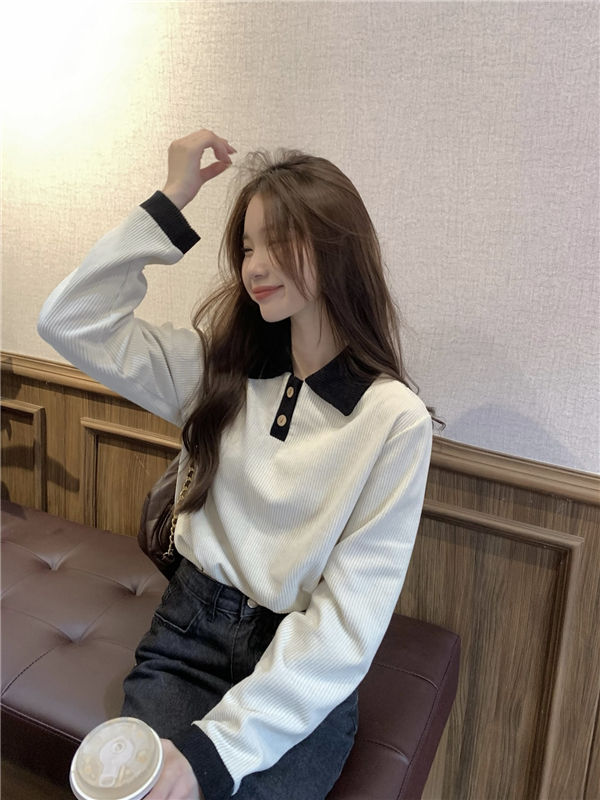 Actual shot Korean style polo collared contrasting color base shirt women design sense minority retro loose long sleeve T-shirt top