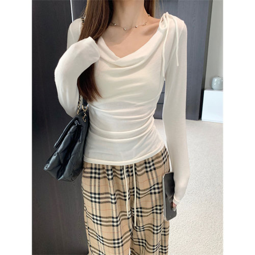 Bow tie slim long-sleeved T-shirt for women in autumn new style elegant and versatile pink top