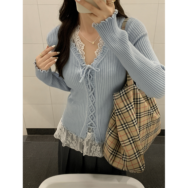 Photographed Korean-style black sesame border bow V-neck ribbon long-sleeved knitted sweater for women, autumn and winter sweet temperament top