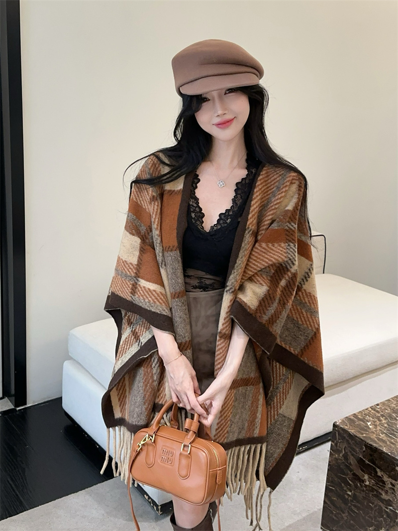 Real shot of cashmere fringed plaid cape style scarf with shawl