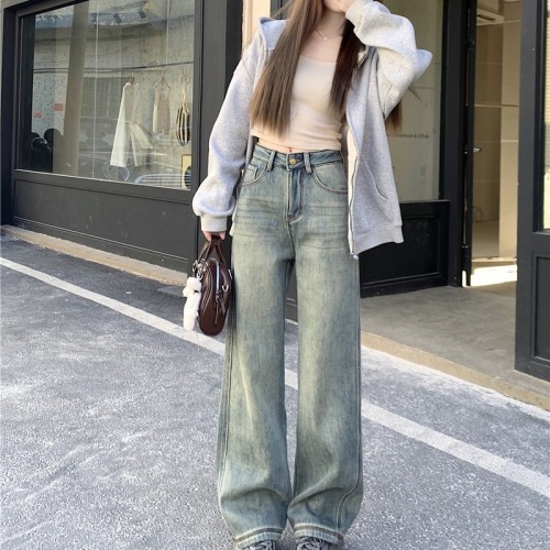 Photographed~ Thickened and Fleece-lined High-Waisted Wide-Leg Jeans for Women, Winter Loose and Flowy Floor-Length Pants