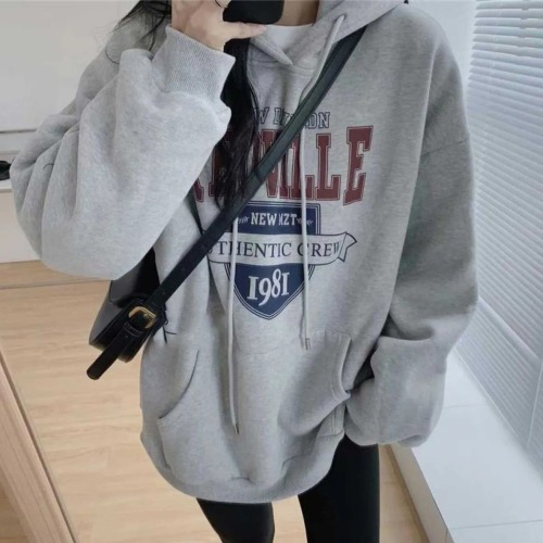 Korean thickened velvet loose simple hooded letter casual sweatshirt for women