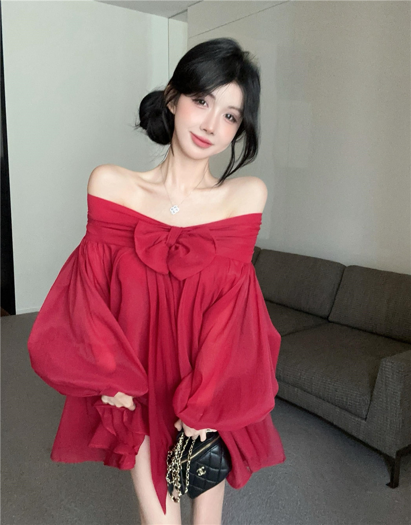 實拍 甜美蝴蝶結設計感寬鬆一字肩雙層蓬蓬連衣裙