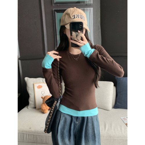 Real shot 1*1 thread 270g 2024 autumn and winter half turtleneck long-sleeved T-shirt for women fake two pieces contrasting color