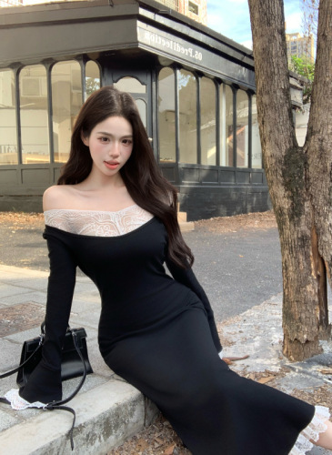 Real shot!  Sexy one-shoulder long-sleeved dress for women in autumn and winter, high-end, slim and slim long skirt