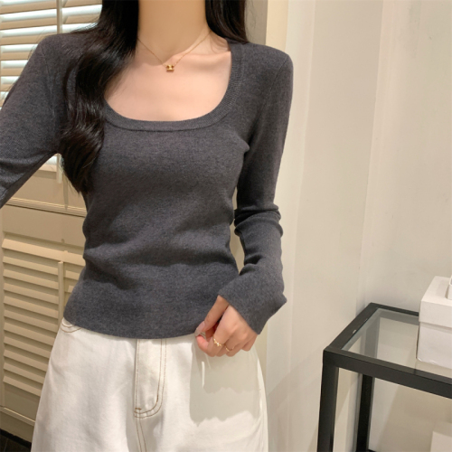 Actual shot of autumn and winter Korean style square collar versatile slim-fit Andy velvet temperament sweater bottoming long-sleeved sweater for women