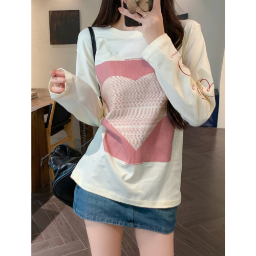 Real shot 210g pure cotton 100% cotton 2024 autumn long-sleeved T-shirt women's printed Hong Kong style top