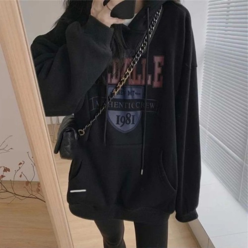 Korean thickened velvet loose simple hooded letter casual sweatshirt for women