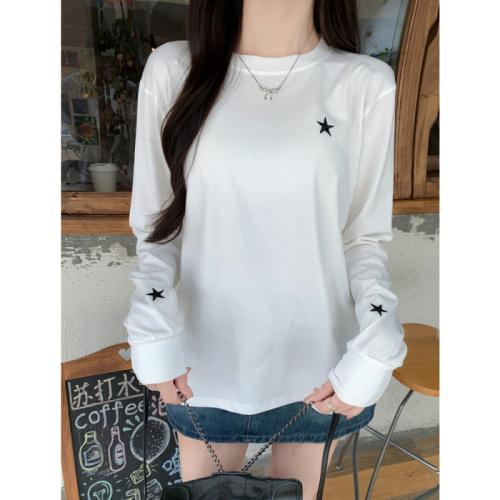 Real shot 210g pure cotton 100% cotton 2024 autumn long-sleeved T-shirt for women with embroidered stars