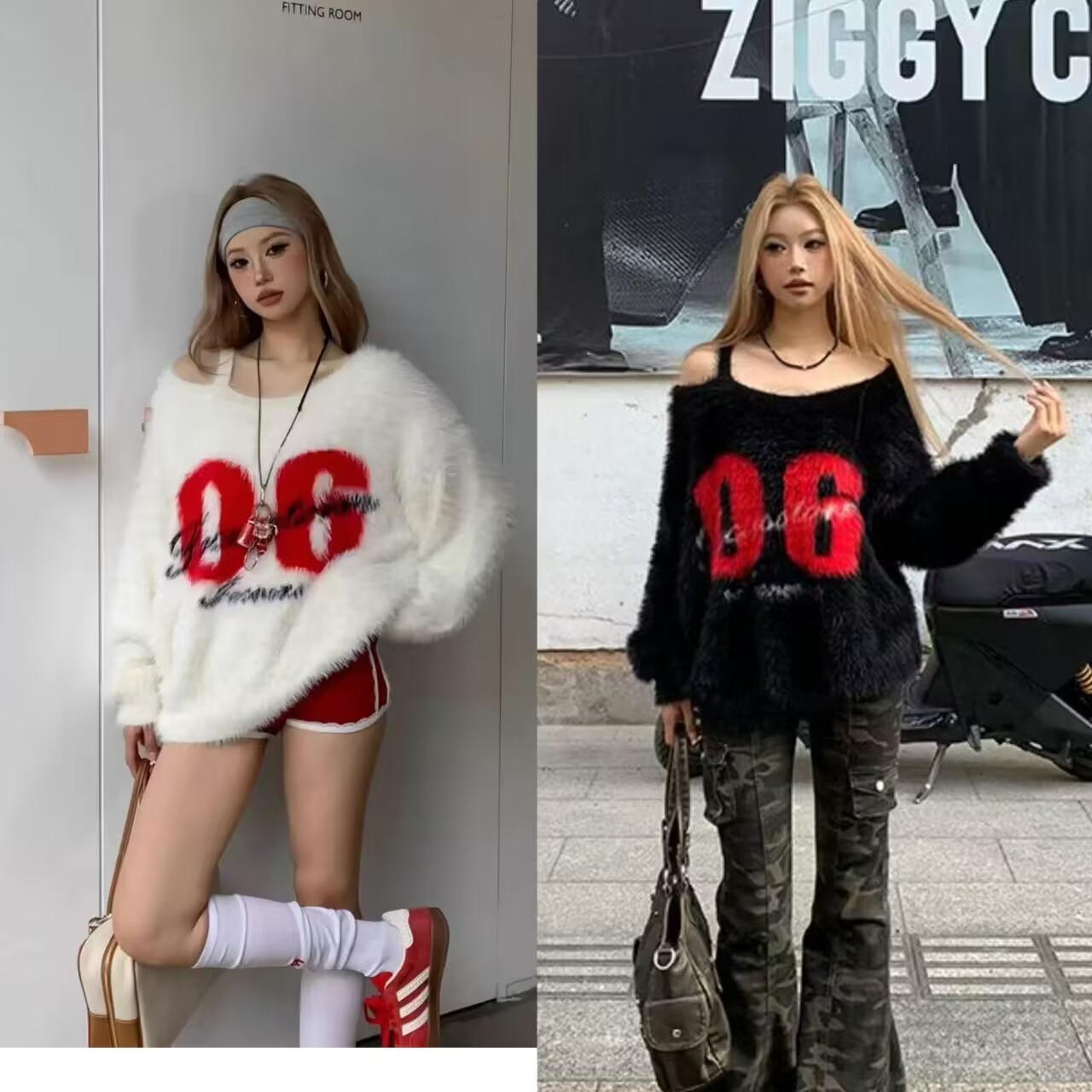 珍珍很懶 美式辣妹2024新秋季長袖水貂毛毛衣保暖斜肩寬鬆慵懶感