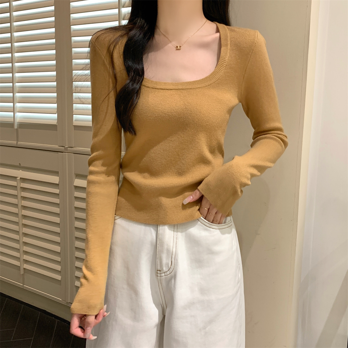 Actual shot of autumn and winter Korean style square collar versatile slim-fit Andy velvet temperament sweater bottoming long-sleeved sweater for women