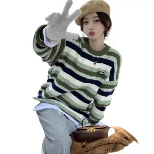 Striped sweater autumn and winter new design retro thickened loose mid-length long-sleeved sweater women's top