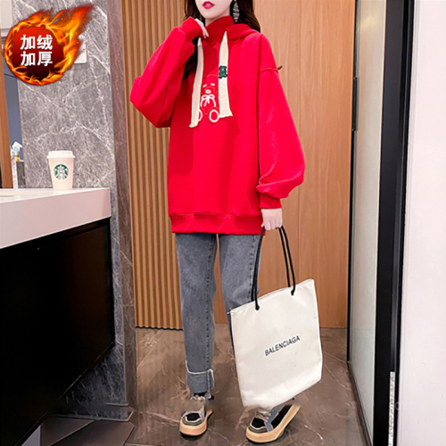 280g interwoven fabric fat mm mid-length red New Year hooded sweatshirt for women