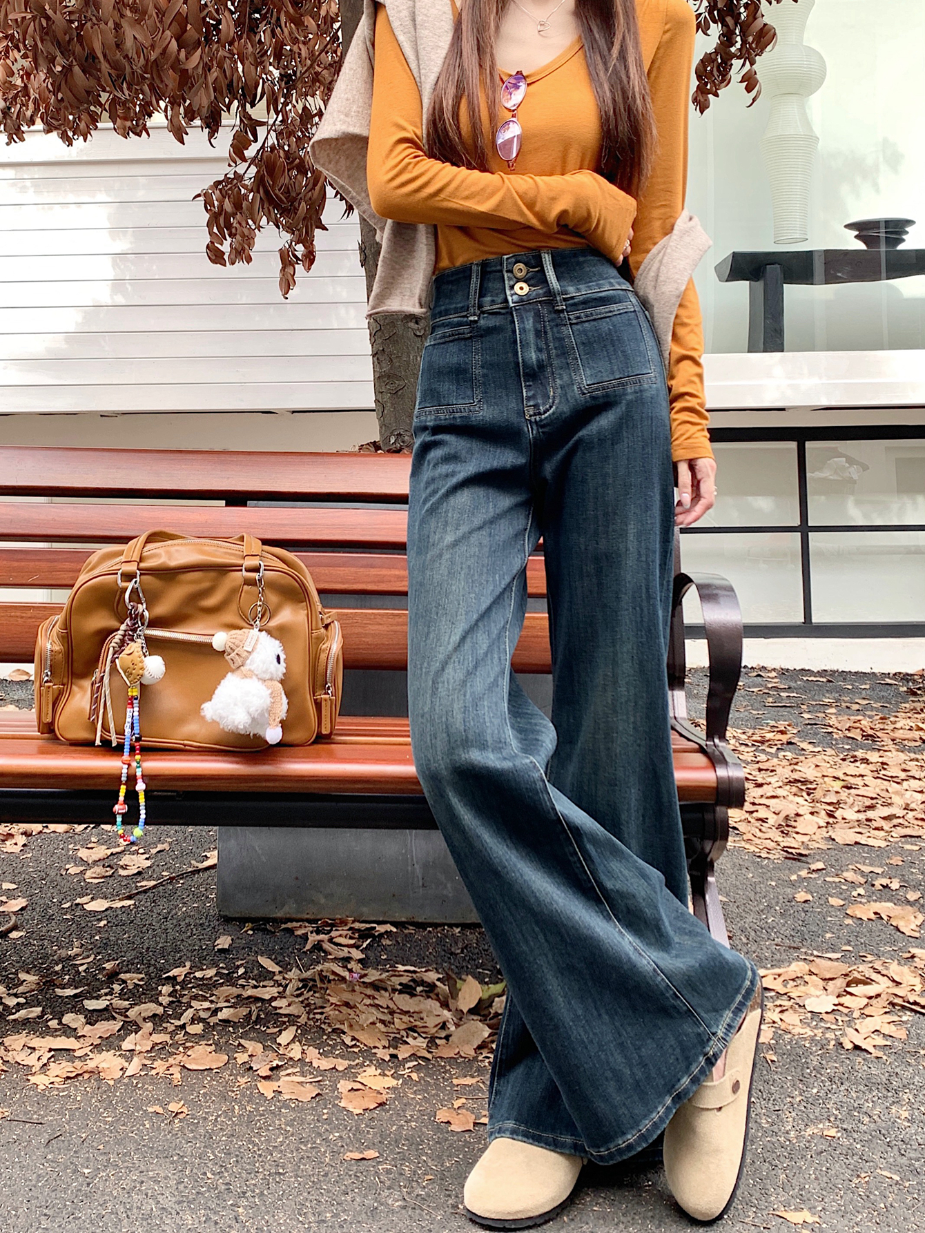 Real shot #straight leg jeans long pants women high waist button design sense square pocket drag ground wide foot pants 