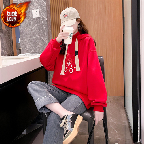 280g interwoven fabric fat mm mid-length red New Year hooded sweatshirt for women