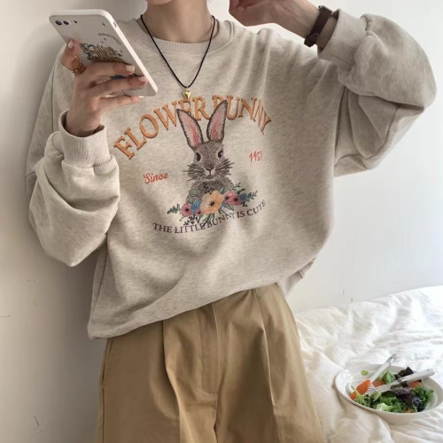 Thin plus velvet age-reducing rabbit print sweatshirt autumn and winter Korean style loose and versatile cartoon top