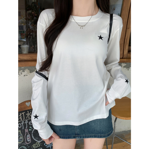 Real shot 210g pure cotton 100% cotton 2024 autumn long-sleeved T-shirt for women with embroidered stars