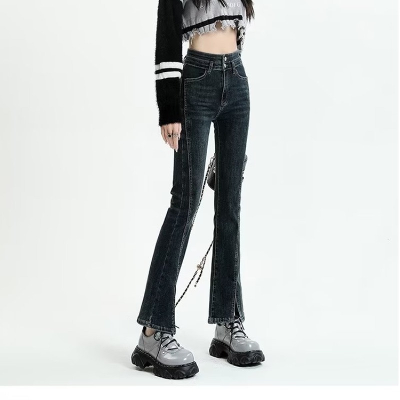 Double-breasted high-waisted super-elastic slit slim-fit bell-bottom pants for petite women with micro-flare nine-point pants