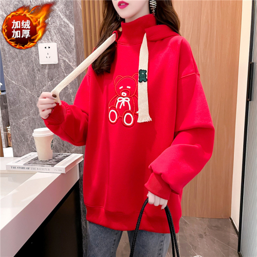 280g interwoven fabric fat mm mid-length red New Year hooded sweatshirt for women