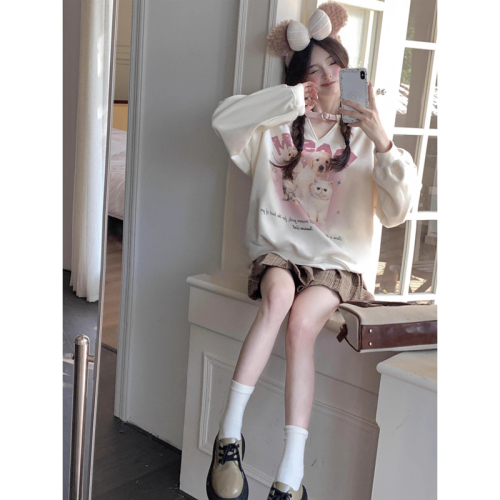 Official picture 300g imitation cotton large fish scale round neck love leather buckle sweet cool girl loose sweatshirt