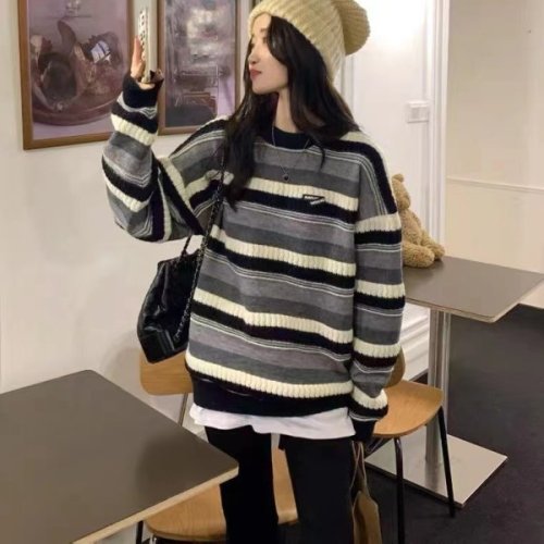 Striped sweater autumn and winter new design retro thickened loose mid-length long-sleeved sweater women's top
