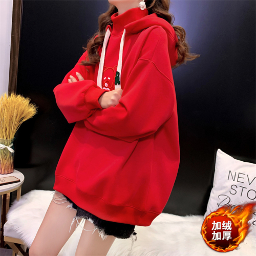 280g interwoven fabric fat mm mid-length red New Year hooded sweatshirt for women