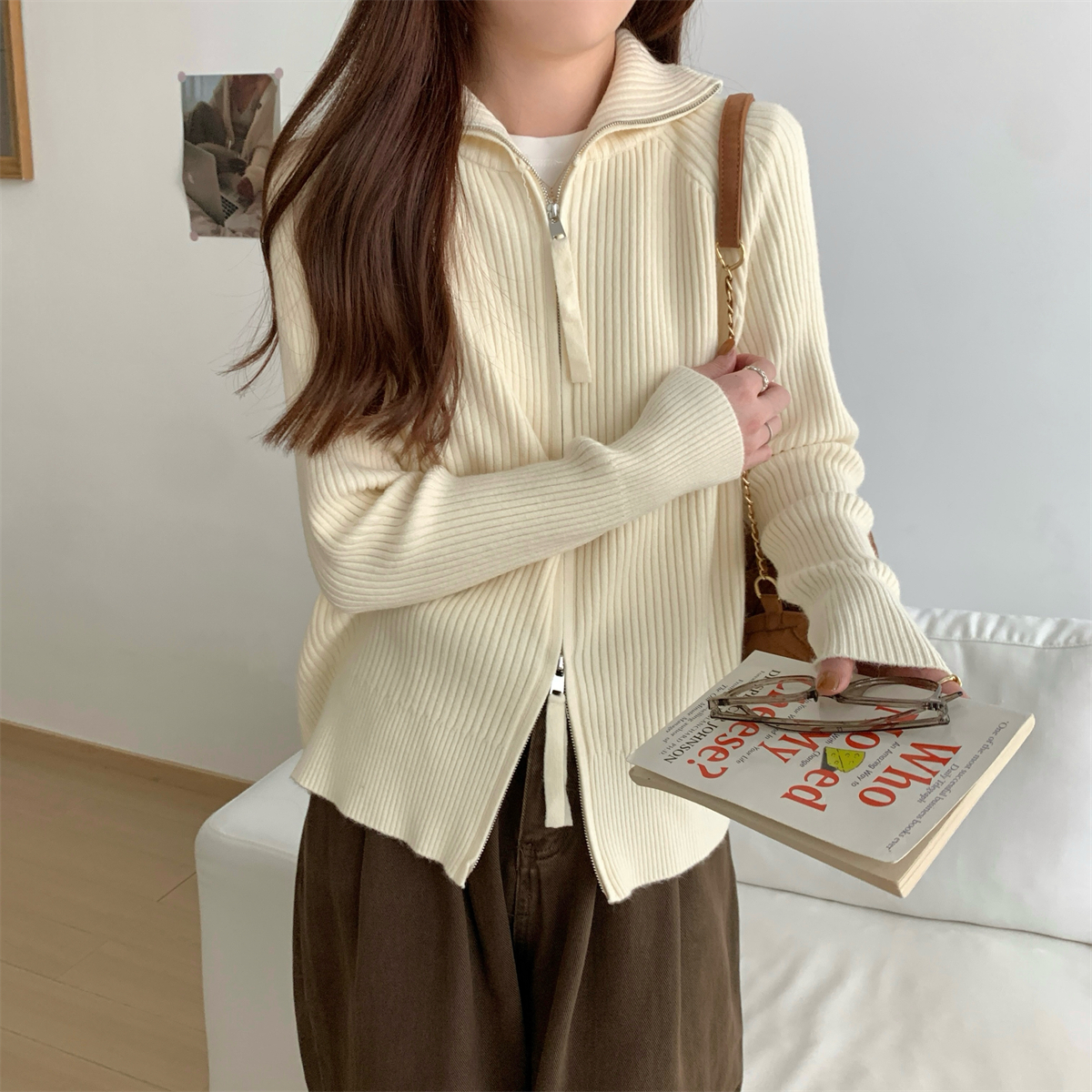 Actual shot of autumn and winter Korean style loose raglan lapel double zipper Andy velvet sweater long-sleeved sweater jacket