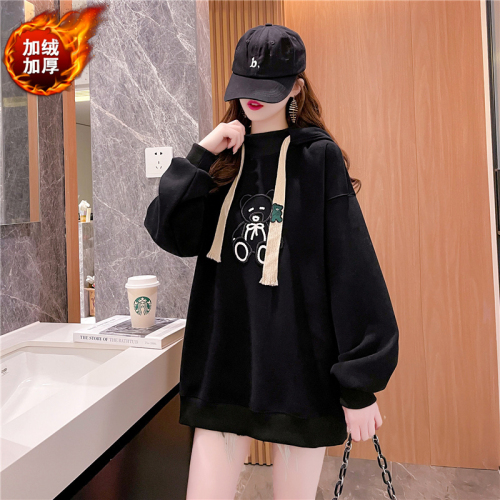 280g interwoven fabric fat mm mid-length red New Year hooded sweatshirt for women