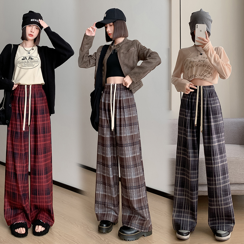 Women's new autumn and winter plaid pants, high-waisted, slim and drapey, loose and casual, floor-length straight wide legs