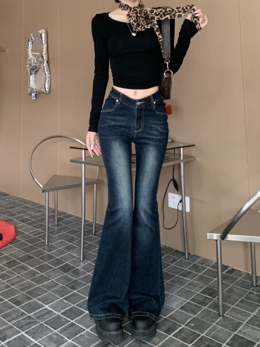 Real shot!  Retro bootcut jeans for women's legs, washed, nostalgic hottie's V-waist slimming stretch bell-bottom pants