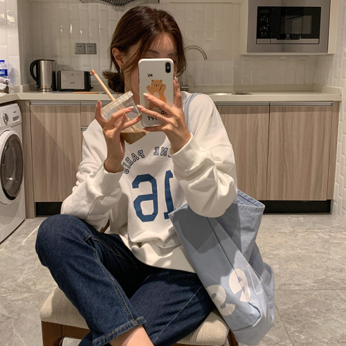 Twill stretch frame spring and autumn new thin section Korean letter printing versatile loose casual long-sleeved sweatshirt women's trend