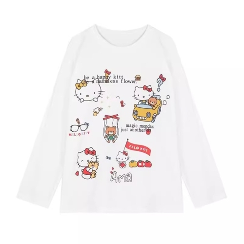 Official picture of colorful cotton pull-up sweet cartoon printed round neck long-sleeved T-shirt loose casual versatile top