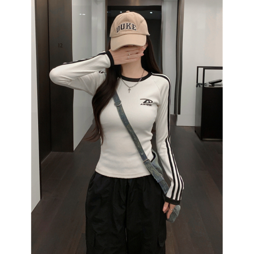 Real shot 2*2 thread 2024 autumn and winter wear brushed long-sleeved T-shirt women's bottoming shirt striped embroidered letters