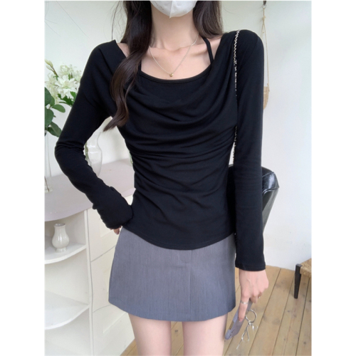 Real shot 1*1 thread 270g 2024 autumn and winter wear brushed thickened long-sleeved T-shirt women's bottoming shirt fake two pieces