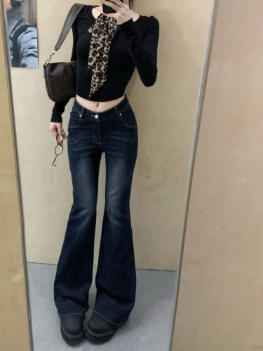 Real shot!  Retro bootcut jeans for women's legs, washed, nostalgic hottie's V-waist slimming stretch bell-bottom pants