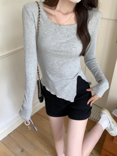 Real shot of rayon cut as you like 2024 autumn long-sleeved T-shirt for women with lotus leaf collar solid color slit