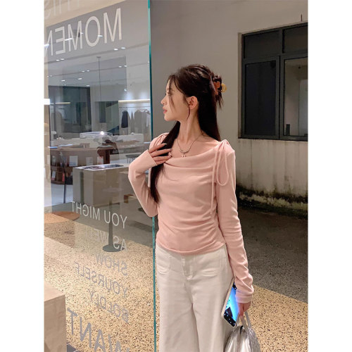 Bow tie slim long-sleeved T-shirt for women in autumn new style elegant and versatile pink top