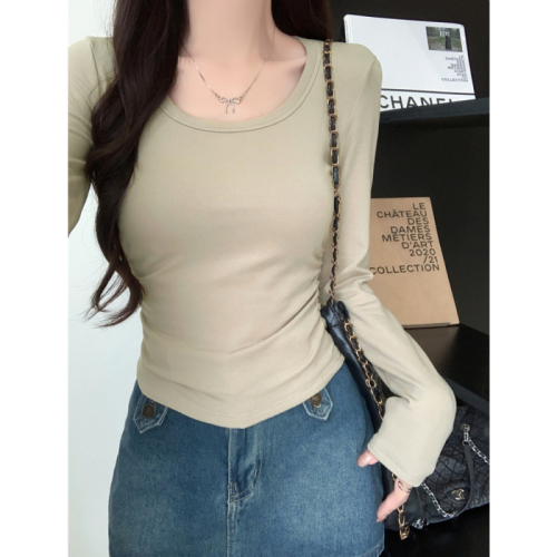 Real shot 1*1 threaded German velvet chic U-neck side pleated brushed long-sleeved T-shirt women's bottoming shirt