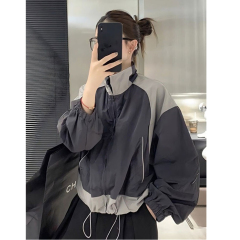 Large Size 300 Jin Western Style Stand Collar Contrast Color Splicing Thin Jacket Women's Fashion Drawstring Jacket Sun Protection Clothing