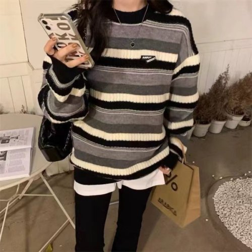 Striped sweater autumn and winter new design retro thickened loose mid-length long-sleeved sweater women's top