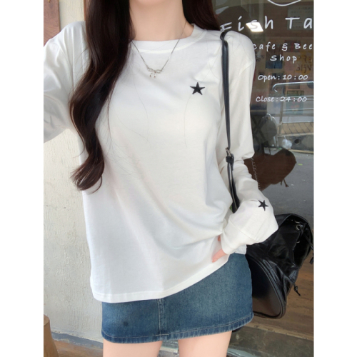 Real shot 210g pure cotton 100% cotton 2024 autumn long-sleeved T-shirt for women with embroidered stars