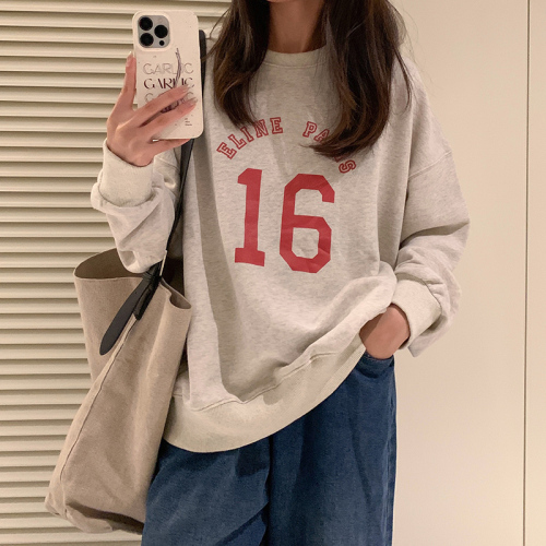 Twill stretch frame spring and autumn new thin section Korean letter printing versatile loose casual long-sleeved sweatshirt women's trend