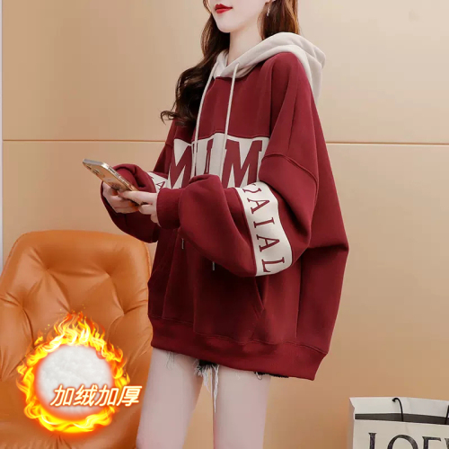 Chinese cotton composite silver fox velvet autumn and winter thickened velvet and color matching letter hooded sweatshirt trendy