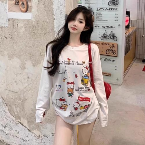 Official picture of colorful cotton pull-up sweet cartoon printed round neck long-sleeved T-shirt loose casual versatile top