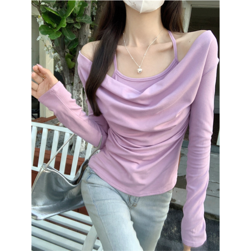 Real shot 1*1 thread 270g 2024 autumn and winter wear brushed thickened long-sleeved T-shirt women's bottoming shirt fake two pieces