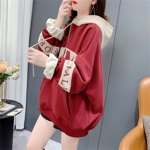 Chinese cotton composite silver fox velvet autumn and winter thickened velvet and color matching letter hooded sweatshirt trendy